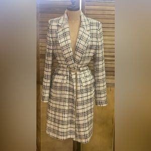 ZARA textured tweed coat with gold chain belt detail.